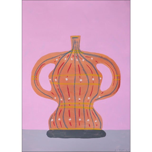 Illustration 2025, Pink and Blue Trophies, Modern Still Life Vessels, Acrylic Paint and Gouache Crayon on Watercolor Paper - Set of 2 For Sale - Image 3 of 9