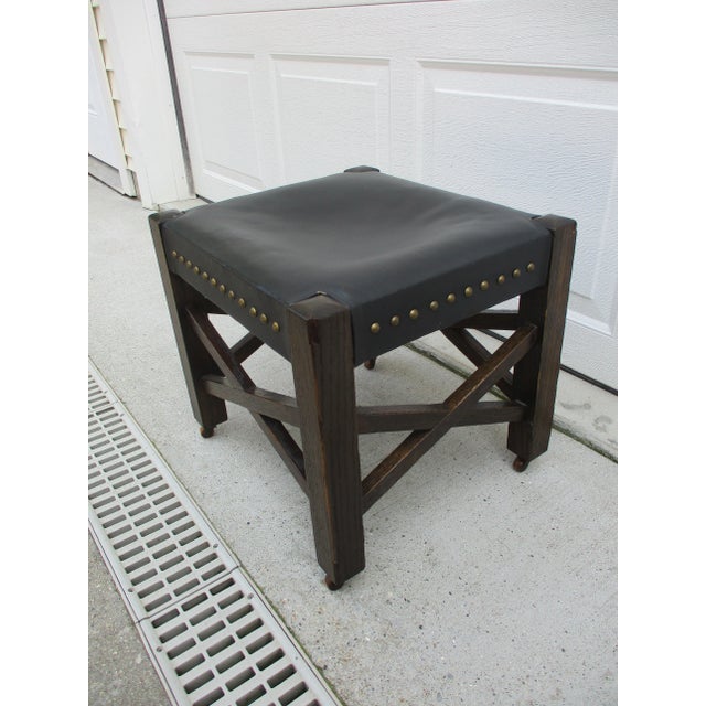 Mission Arts & Crafts Style Black Leather Footstool on Wooden Casters For Sale - Image 6 of 11