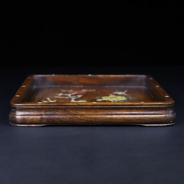 Square Wooden Tray With Mother-of-Pearl Bird and Floral Inlay For Sale - Image 4 of 10