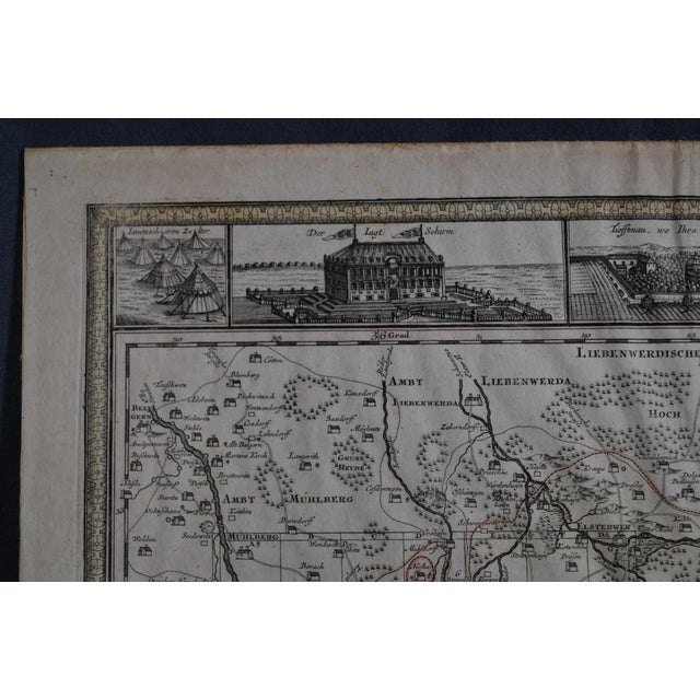 Early 18th Century Antique German Geographical Map "Grossen Hayn" 1730 Engraved in Black With Color Highlights For Sale - Image 5 of 12