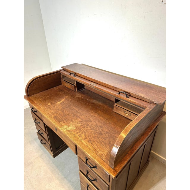 Antique Oak Roll-Top Desk For Sale - Image 3 of 5
