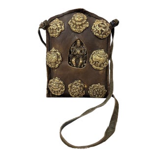 20th Century Tibetan Leather, Brass Ghau Prayer Bag For Sale