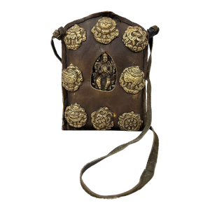 20th Century Tibetan Leather, Brass Ghau Prayer Bag