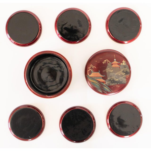 1970s 1970s Japanese Lacquered Wood Set of 6 Coasters in Box For Sale - Image 5 of 14