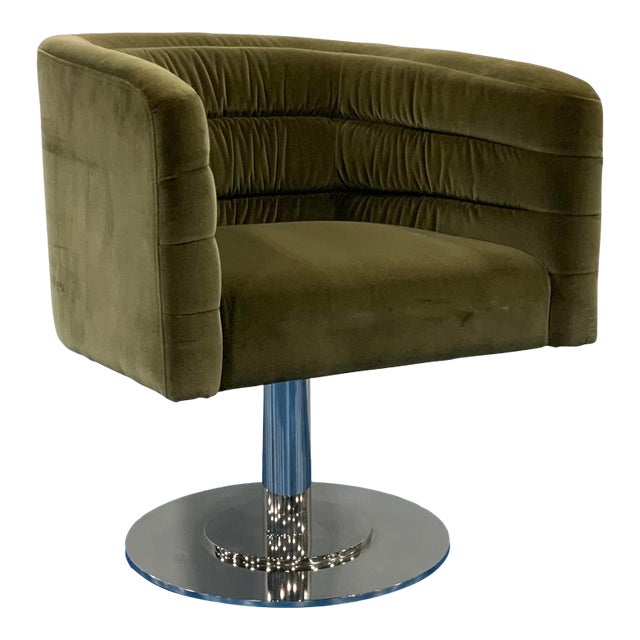 Modern Olive Green Velvet Barrel Back Lounge Chair For Sale