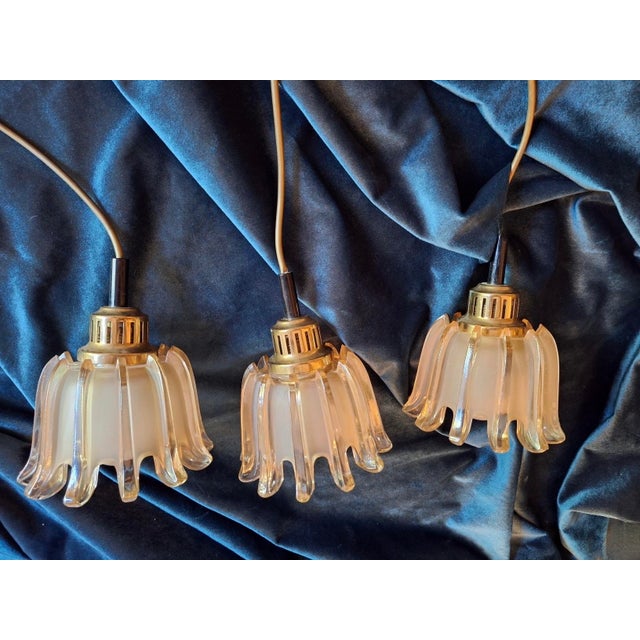Gold Mid-Century Modern Pendant Lights in Brass and Amber-Colored Frosted Glass from Doria, Set of 3 For Sale - Image 8 of 15