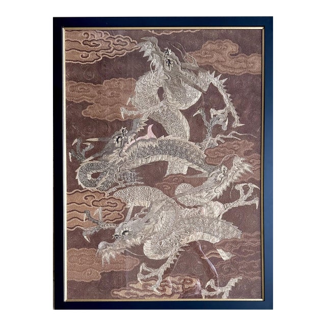 Framed Japanese Embroidery Dragon Tapestry Meiji Period For Sale
