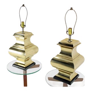 Late 20th Century Modern Figural Sculptural Profile Square Base Polished Brass Table Lamps - a Pair For Sale