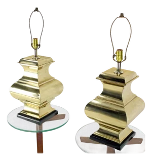 Late 20th Century Modern Figural Sculptural Profile Square Base Polished Brass Table Lamps - a Pair