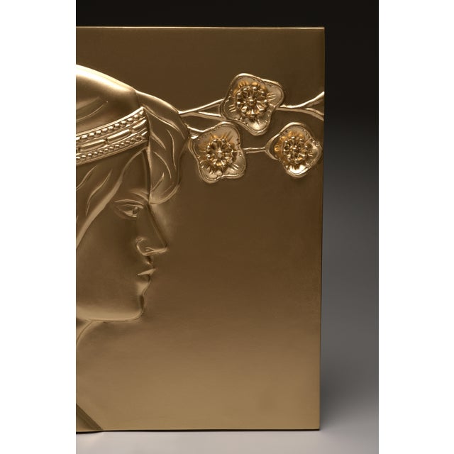 Gold Pair of Secessionist Reliefs Made After Georg Klimt, Sculptural Golden Bas Relief With Female Profiles, Wall Object For Sale - Image 8 of 18