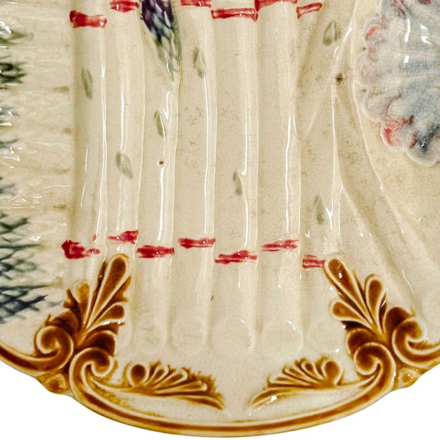 Antique French Barbotine Asparagus Plate With Scalloped Sauce Well, Circa 1890 For Sale In San Diego - Image 6 of 7