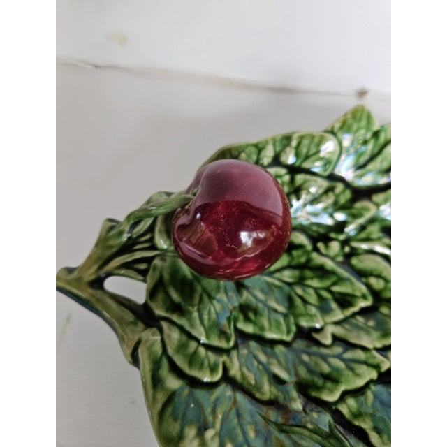 Boho Chic Vintage Portuguese Majolica Cabbage Leaf Serving Dish With Plum Handle For Sale - Image 3 of 6