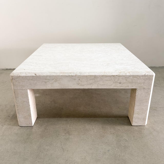 Mid-Century Modern Vintage Square Postmodern Travertine Stone Parsons Coffee Table | 1980s Italian For Sale - Image 3 of 14
