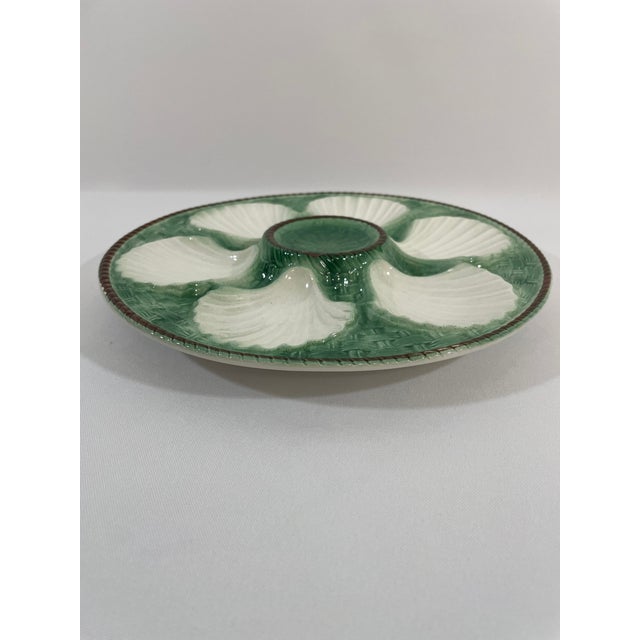 Antique 1920s French Longchamp Majolica Green and White Oyster Plate For Sale - Image 6 of 14