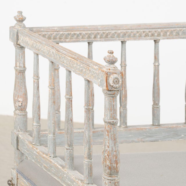 Gustavian (Swedish) 19th Century Swedish Gustavian Original Blue Gray Painted Pine Bench For Sale - Image 3 of 18