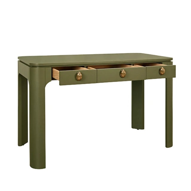 Worlds Away Matthew Izzo Home Theo Three Drawer Olive Green Lacquer Desk With Brass Beetle Knobs For Sale - Image 4 of 11