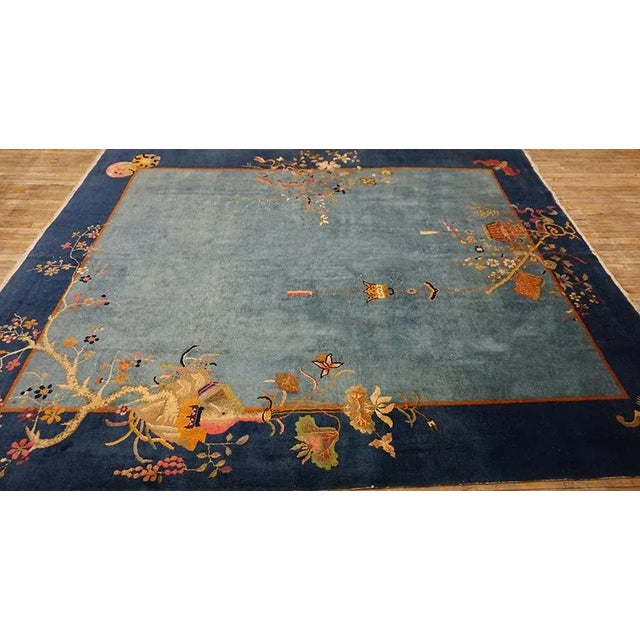 1920s Cornflowers Blue Minimalist Floral Antique Chinese Art Deco Carpet 8' X 9'9" Knotted Wool Rug For Sale - Image 12 of 15