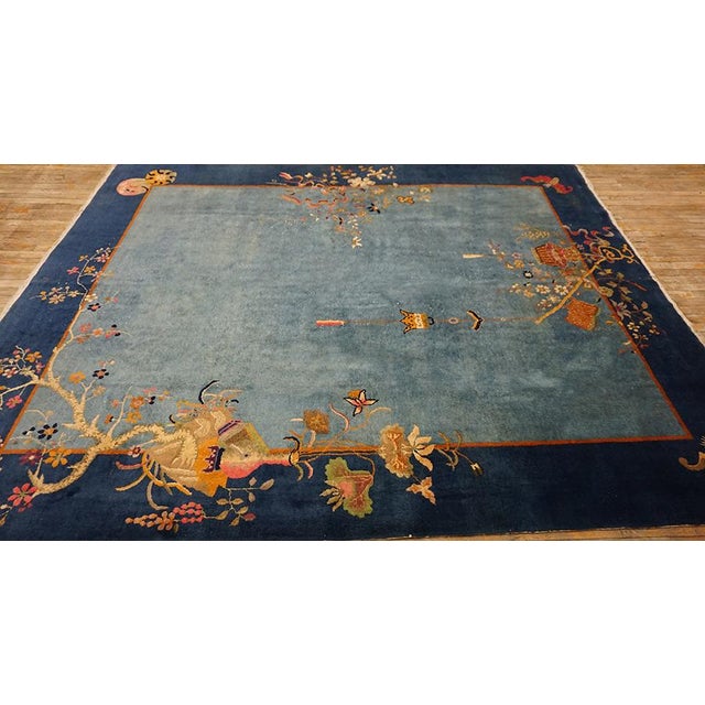 Calming Blue Color Minimalist Floral Pattern Antique Chinese Art Deco Carpet For Sale - Image 14 of 15