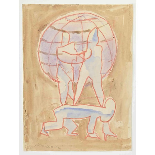 Modern Mino Maccari, Mightiest on Earth, Watercolor, 1960s For Sale - Image 3 of 3