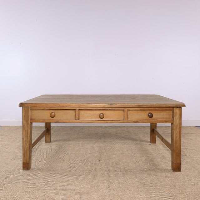 Dimensions: 45"D x 78.25"L x 32"H Skirt 22.5"H A beautiful antique pine farmhouse table with a wonderfully simple form and...