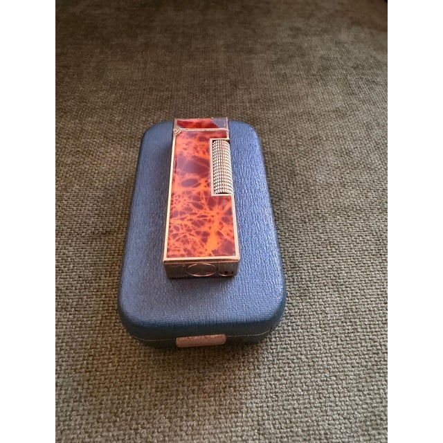 Rare Vintage Dunhill Gold Plated Cognac Marble Lacquer Lighter Original Sky Case For Sale - Image 4 of 15