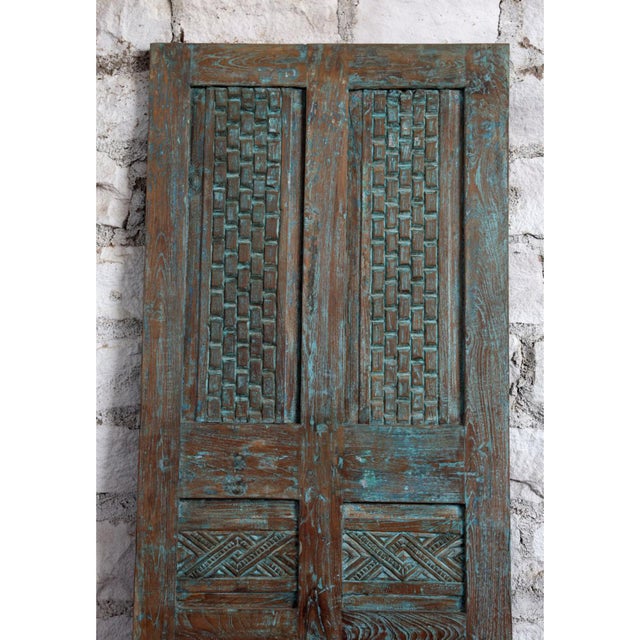 Antique Blue Carved Door – Rustic Modern Farmhouse Barn Door or Hinged Statement Panel80x28 For Sale - Image 4 of 5