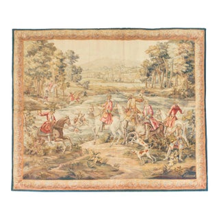 Antique 19th Century Square French Signed 'Aubusson' Hunting Tapestry For Sale