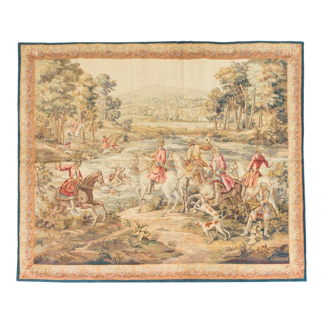 Antique 19th Century Square French Signed 'Aubusson' Hunting Tapestry For Sale