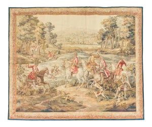 Antique 19th Century Square French Signed 'Aubusson' Hunting Tapestry