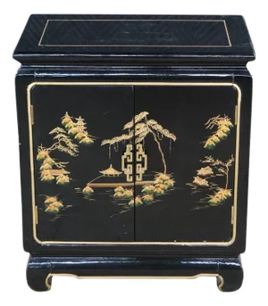 Vintage Chinese Black Lacquer Dimunitive Small Side Table Cabinet Chinoiserie