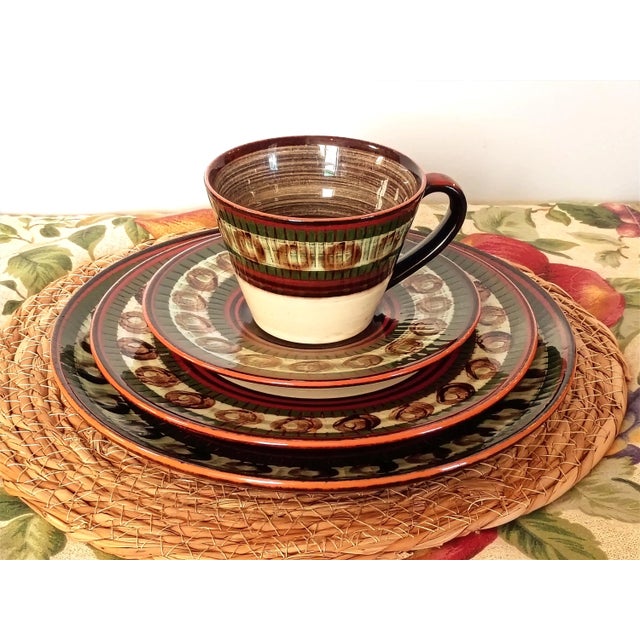 French Country Autumn Harvest Pottery Dinnerware Set, Hand Thrown Red Clay Artist Signed Tableware Service for 4, 18 Piece Thanksgiving Geometric Ceramic Plate Set For Sale - Image 3 of 11