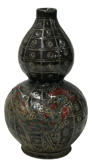 Oriental Small Gourd Shape Metallic Brown Rooster Graphic Ceramic Art Vase