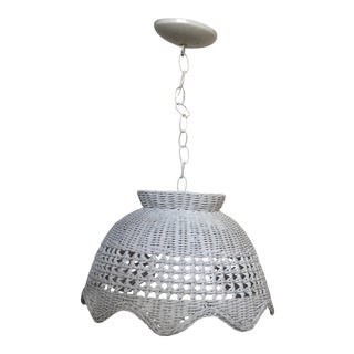 Boho Vintage Union Made White Wicker Hanging Light For Sale