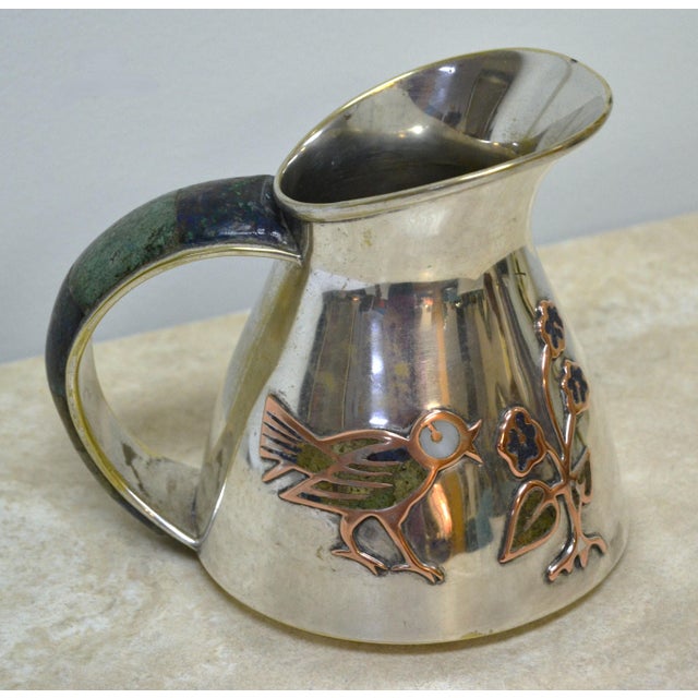 Art Deco 1960s Los Castillo Taxco Silver Plate Jug Pitcher With Stone Decor Bird Flowers For Sale - Image 3 of 12