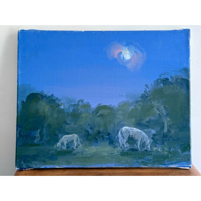 Wood Late 20th Century Folk Art Nocturne Oil Landscape Painting With Horses For Sale - Image 7 of 7