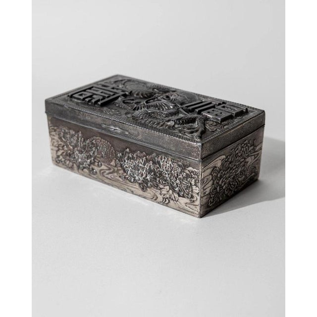 Vintage Japanese Silver-Plated Box with Dragon Motif and Wood Inlay, Early 19th Century For Sale - Image 5 of 17
