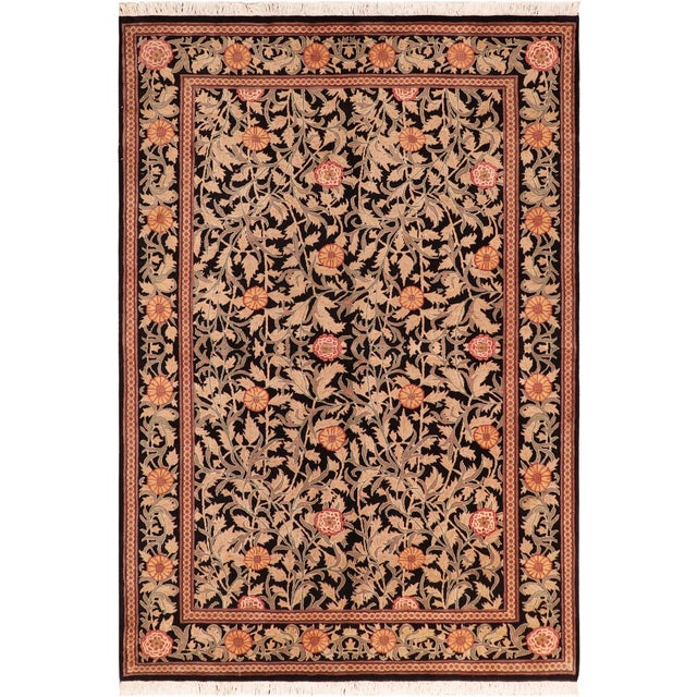 Shabby Chic Floral 1990's Pak-Persian Black/Gold Wool Rug - 5'11'' X 8'11'' For Sale - Image 9 of 9