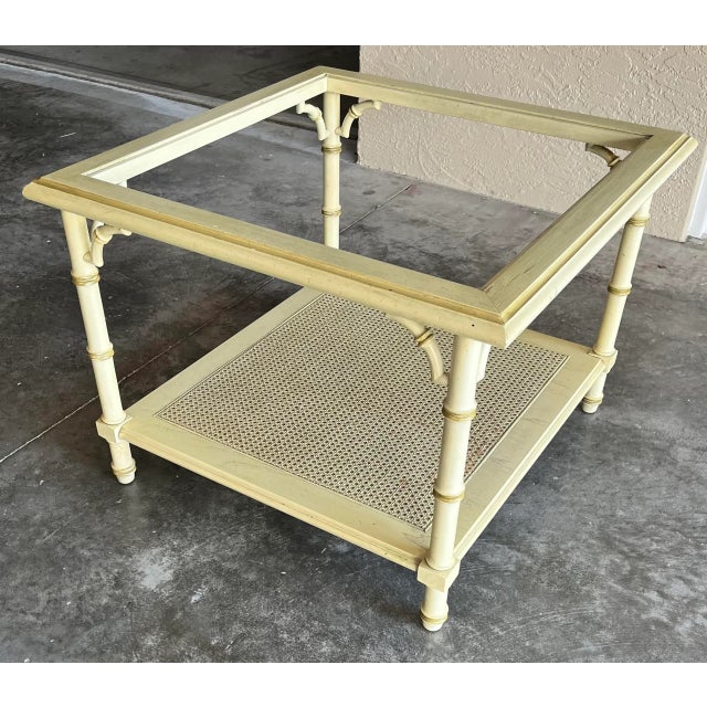 Chinoiserie 1970s Chinoiserie Faux Bamboo Fretwork and Cane Square Coffee Table For Sale - Image 3 of 13