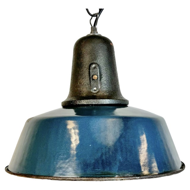 Industrial Blue Enamel Factory Lamp with Cast Iron Top, 1960s For Sale