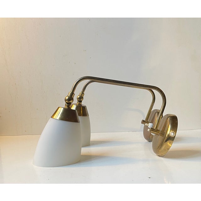 Mid-Century Swedish Adjustable Wall Lamps in Brass and White Glass, 1960s, Set of 2 For Sale - Image 10 of 10