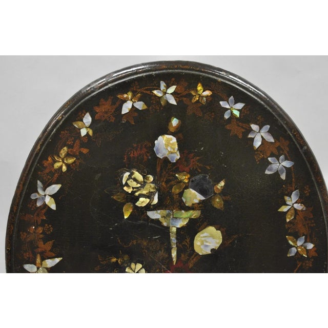 Mid 19th Century Antique English Victorian Mother of Pearl Inlay Black Lacquer Tilt Top Table For Sale - Image 5 of 18