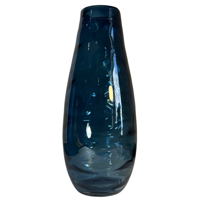 Murano 14+ In, Tall Art Glass Wavy Pattern Blue Vase For Sale - Image 4 of 12