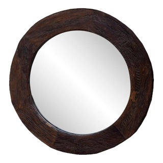 47” Farmhouse Style Round Mirror | Country Style Distressed Brown Mirror | Antique Unique Solid Teak Wood Mirror For Sale