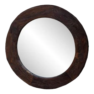 47” Farmhouse Style Round Mirror | Country Style Distressed Brown Mirror | Antique Unique Solid Teak Wood Mirror