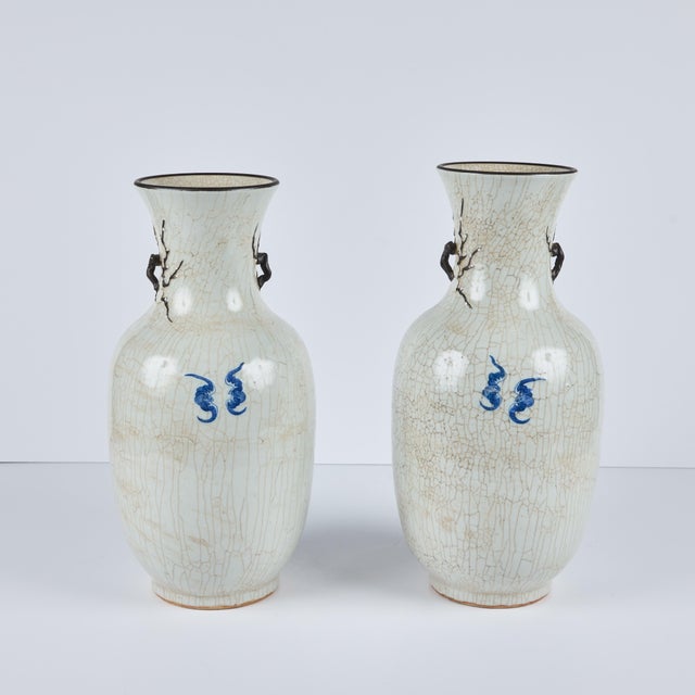 Pair of Early 20th Century Republic Period Chinese Porcelain Vases With Crackle Glaze For Sale - Image 11 of 11
