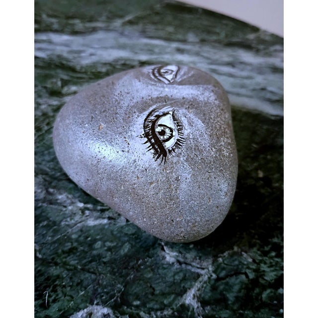 1960s 1965 Signed Hand-Painted Watching Rock Stone Artwork Paperweight For Sale - Image 5 of 7