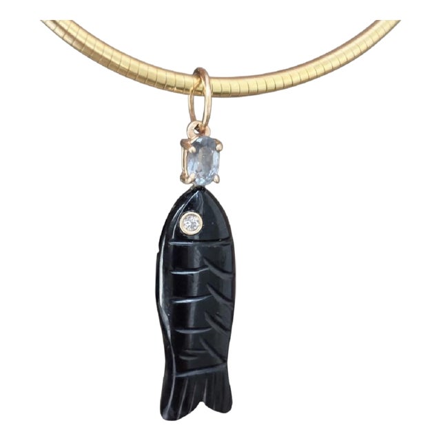 Perfect Black Onyx Poisson Pendant With Spinel & Diamond For Sale