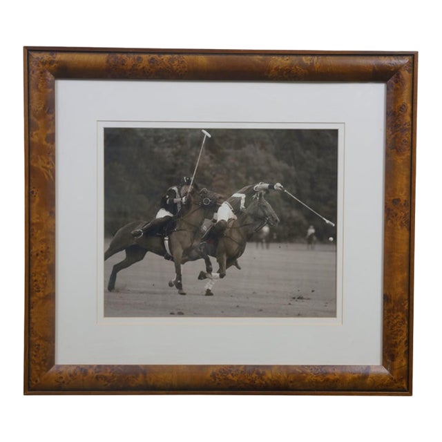 Trowbridge Black & White Polo Players Equestrian Horse Photograph Print Burl 25" For Sale