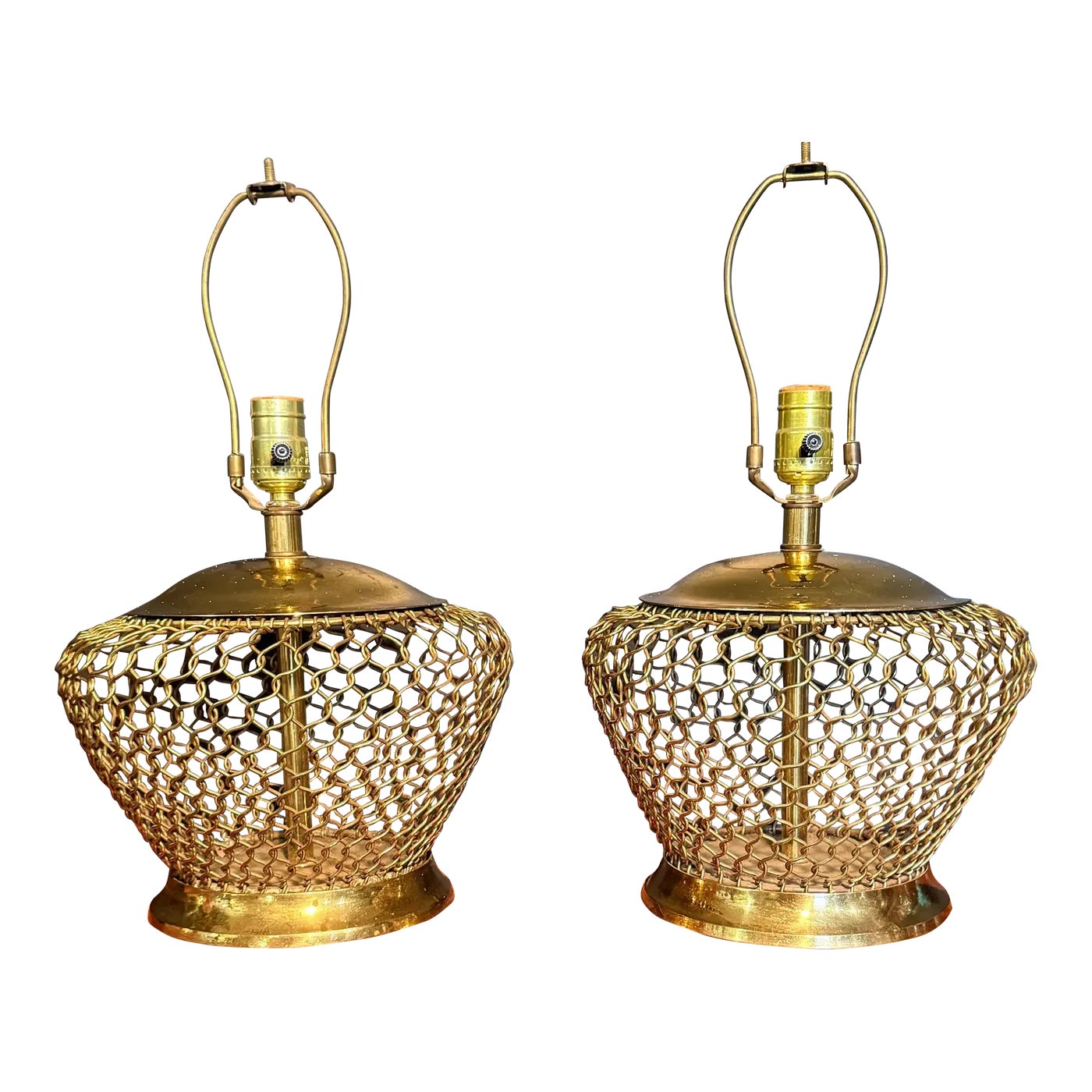 Vintage Pair of Open Cage Brass Lamps | Chairish