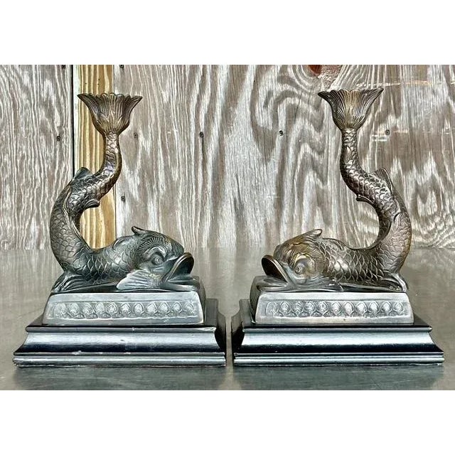 Vintage Regency Cast Dolphin Candlesticks - A Pair For Sale - Image 9 of 10